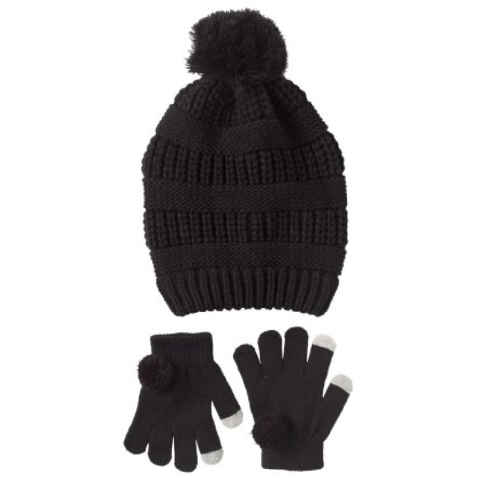 Pink Platinum Sweater Knit Pom Pom Hat & Glove